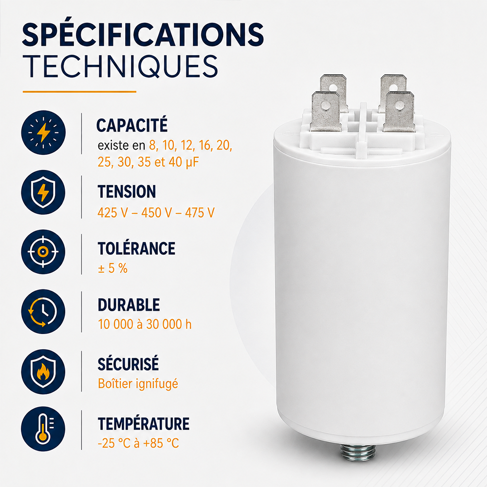 Condensateur permanent 450 V à cosses Faston – 8 à 40 µF – Image 3