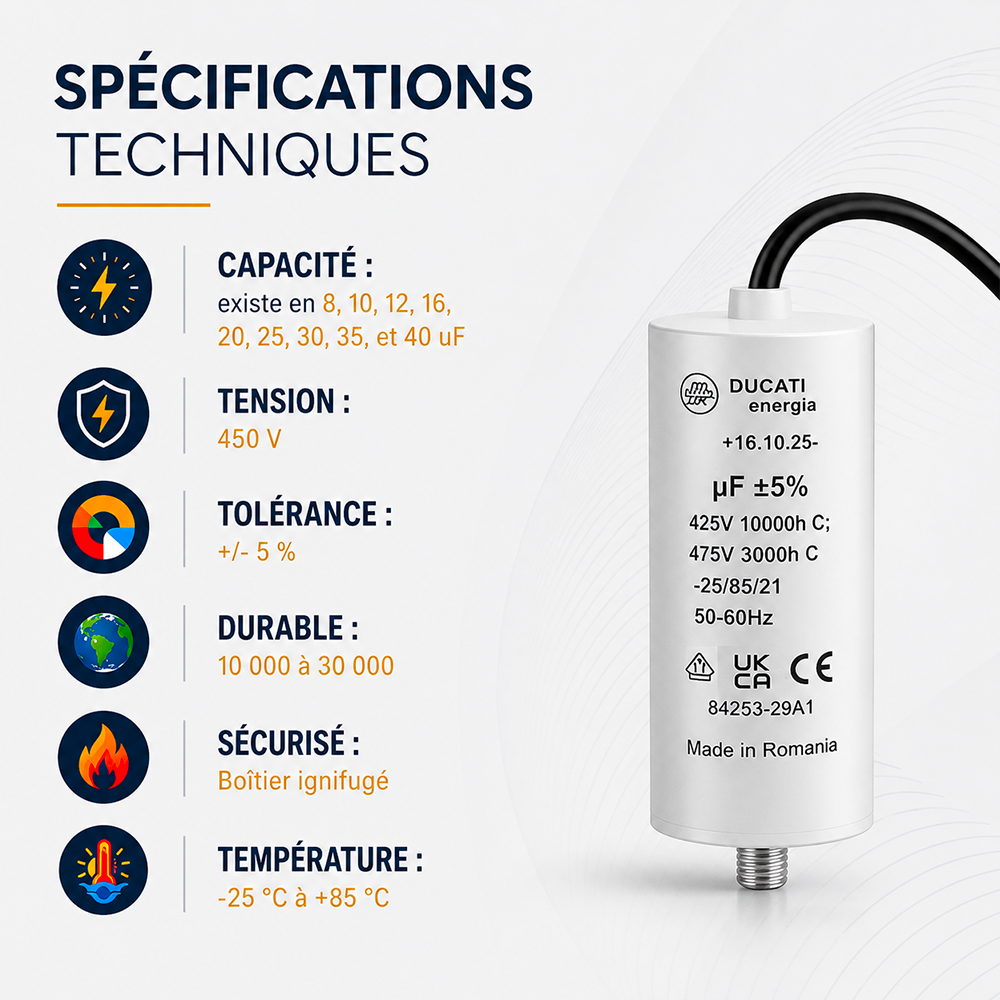 Condensateur permanent 450 V avec câble – 8 à 40 µF – Image 2